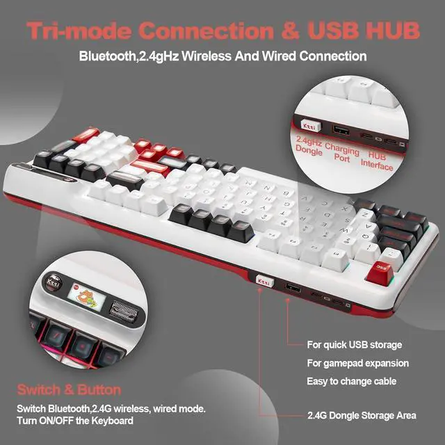 Alt view image 3 of 7 - Mechanical Keyboard, Hot Swap Gasket Wireless Gaming Keyboard with Knob OLED Smart Display, Wireless/Bluetooth/USB-C Wired for Win/Mac (Tactile Switch, White)