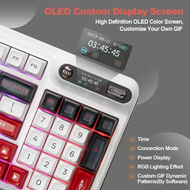 Alt view image 5 of 7 - Mechanical Keyboard, Hot Swap Gasket Wireless Gaming Keyboard with Knob OLED Smart Display, Wireless/Bluetooth/USB-C Wired for Win/Mac (Tactile Switch, White)