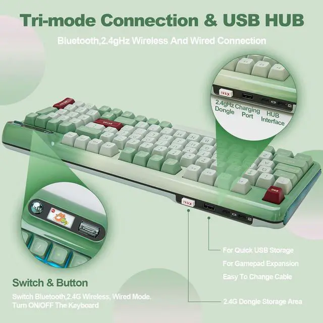 Alt view image 3 of 7 - Mechanical Keyboard, Hot Swap Gasket Wireless Gaming Keyboard with Knob OLED Smart Display, Wireless/Bluetooth/USB-C Wired for Win/Mac (Tactile Switch, Green)