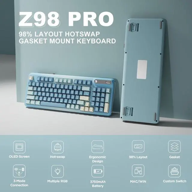 Alt view image 2 of 7 - Mechanical Keyboard, Hot Swap Gasket Wireless Gaming Keyboard with Knob OLED Smart Display, Wireless/Bluetooth/USB-C Wired for Win/Mac (Tactile Switch, Blue)