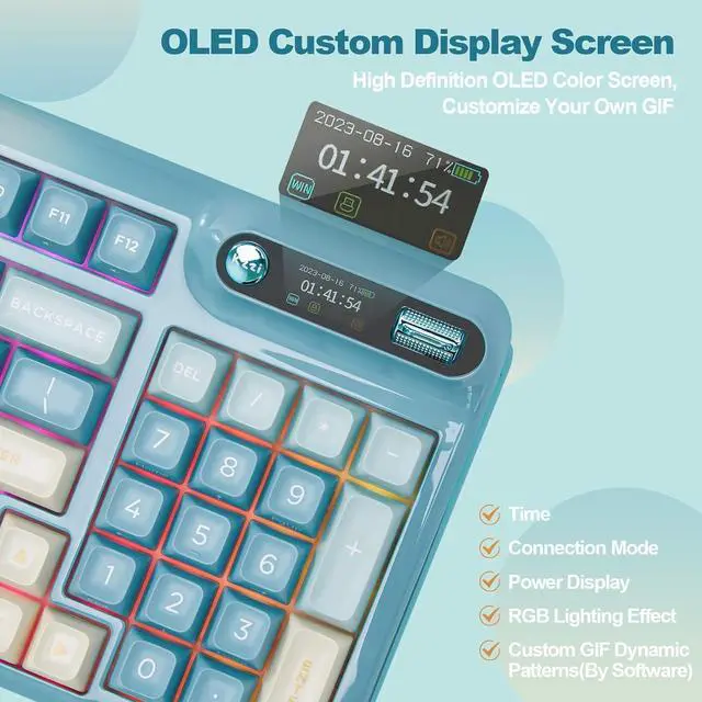 Alt view image 5 of 7 - Mechanical Keyboard, Hot Swap Gasket Wireless Gaming Keyboard with Knob OLED Smart Display, Wireless/Bluetooth/USB-C Wired for Win/Mac (Tactile Switch, Blue)