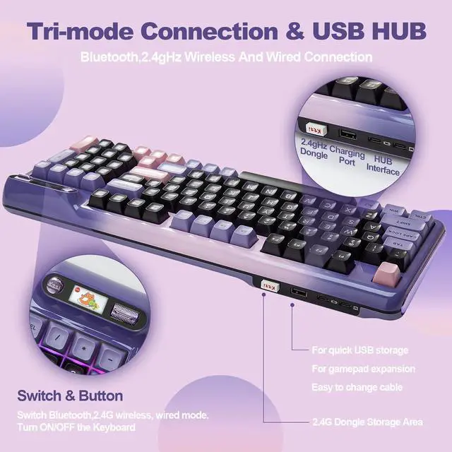 Alt view image 3 of 7 - Mechanical Keyboard, Hot Swap Gasket Wireless Gaming Keyboard with Knob OLED Smart Display, Wireless/Bluetooth/USB-C Wired for Win/Mac (Linear Switch, Purple)