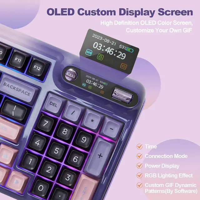Alt view image 5 of 7 - Mechanical Keyboard, Hot Swap Gasket Wireless Gaming Keyboard with Knob OLED Smart Display, Wireless/Bluetooth/USB-C Wired for Win/Mac (Linear Switch, Purple)