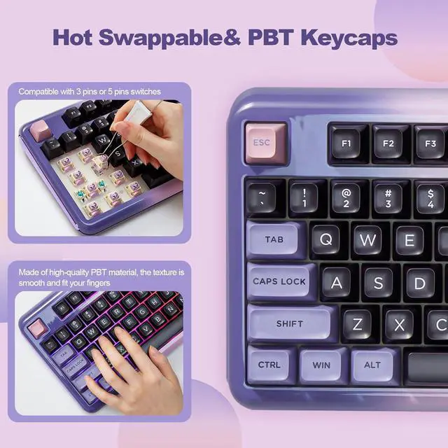 Alt view image 4 of 7 - Mechanical Keyboard, Hot Swap Gasket Wireless Gaming Keyboard with Knob OLED Smart Display, Wireless/Bluetooth/USB-C Wired for Win/Mac (Linear Switch, Purple)