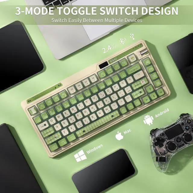 Alt view image 5 of 7 - RGB 75% Wireless Gasket Mechanical Keyboard, Triple Mode Bluetooth 5.0/2.4G/USB-C 82 Keys Hot Swappable Gaming Keyboard w/Knob & Power Display, Custom Lemon Linear Switches, Lemon Green