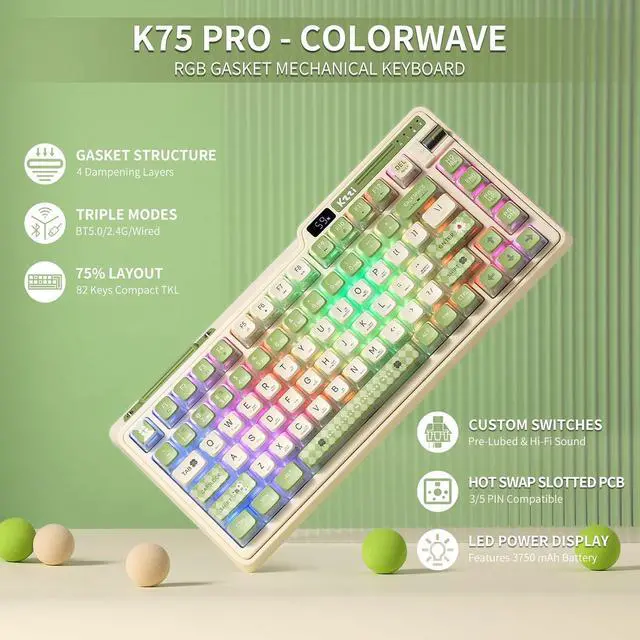 Alt view image 2 of 7 - RGB 75% Wireless Gasket Mechanical Keyboard, Triple Mode Bluetooth 5.0/2.4G/USB-C 82 Keys Hot Swappable Gaming Keyboard w/Knob & Power Display, Custom Lemon Linear Switches, Lemon Green