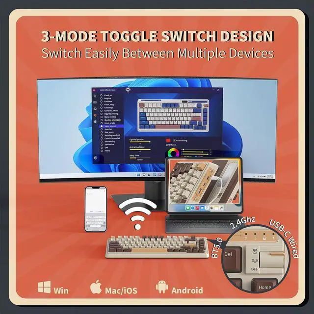 Alt view image 4 of 7 - RGB 75% Wireless Gasket Mechanical Keyboard, Triple Mode Bluetooth5.0/2.4G/USB-C 82 Keys Hot Swappable Gaming Keyboard w/Knob & Power Display, Custom Tactile Switches, Mousse Cake