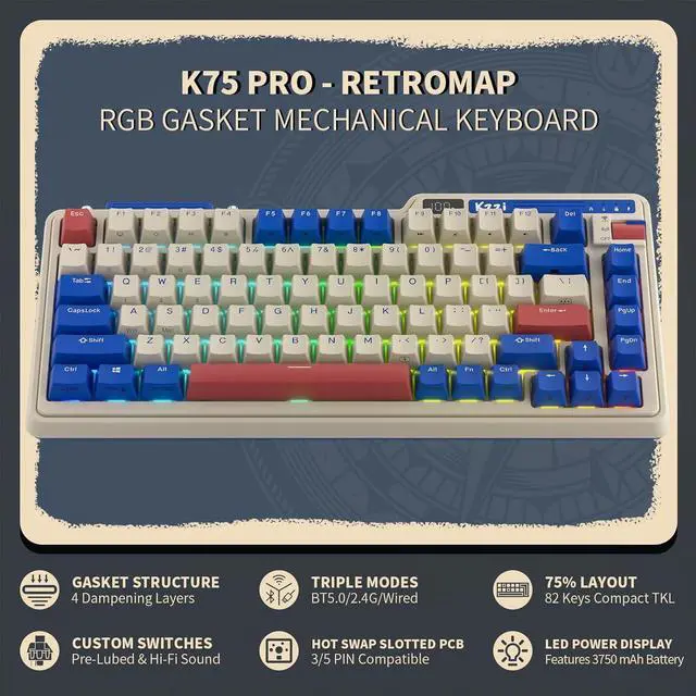 Alt view image 2 of 6 - RGB 75% Wireless Gasket Mechanical Keyboard, Triple Mode Bluetooth 5.0/2.4G/USB-C 82 Keys Hot Swappable Gaming Keyboard w/Knob & Power Display, Custom Linear Switches, Rhine River