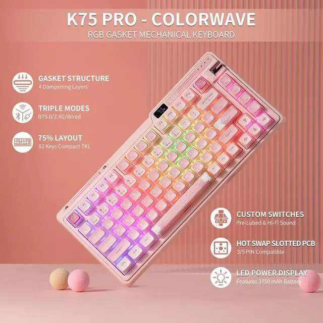 Alt view image 2 of 7 - PRO RGB 75% Wireless Gasket Mechanical Keyboard, Triple Mode Bluetooth 5.0/2.4G/USB-C 82 Keys Hot Swappable Gaming Keyboard w/Knob & Power Display, Custom Linear Switches, Sakura Pink