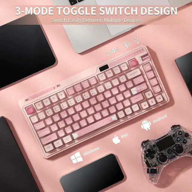 Alt view image 4 of 7 - PRO RGB 75% Wireless Gasket Mechanical Keyboard, Triple Mode Bluetooth 5.0/2.4G/USB-C 82 Keys Hot Swappable Gaming Keyboard w/Knob & Power Display, Custom Linear Switches, Sakura Pink