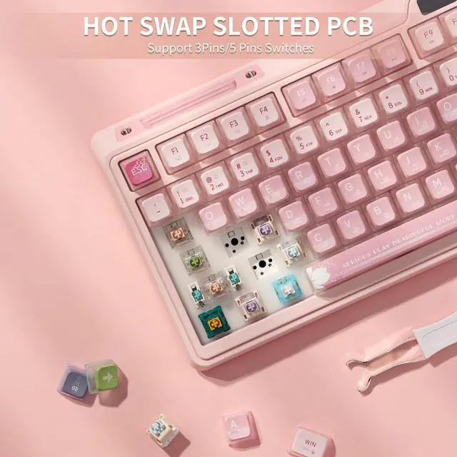 Alt view image 6 of 7 - PRO RGB 75% Wireless Gasket Mechanical Keyboard, Triple Mode Bluetooth 5.0/2.4G/USB-C 82 Keys Hot Swappable Gaming Keyboard w/Knob & Power Display, Custom Linear Switches, Sakura Pink