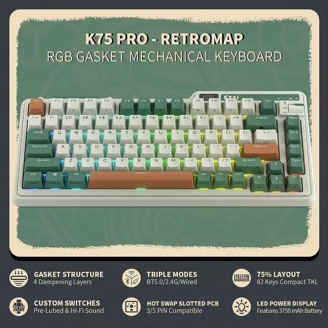 Alt view image 2 of 6 - RGB 75% Wireless Gasket Mechanical Keyboard, Triple Mode Bluetooth 5.0/2.4G/USB-C 82 Keys Hot Swappable Gaming Keyboard w/Knob & Power Display, Custom Linear Switches, Time Machine