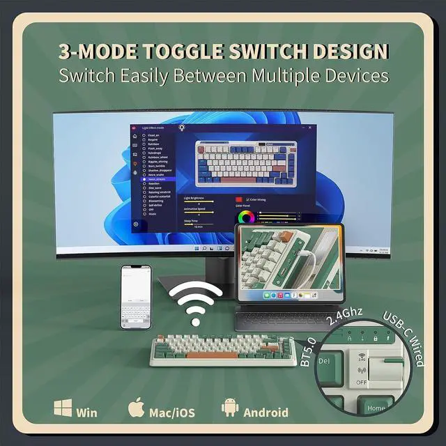 Alt view image 4 of 6 - RGB 75% Wireless Gasket Mechanical Keyboard, Triple Mode Bluetooth 5.0/2.4G/USB-C 82 Keys Hot Swappable Gaming Keyboard w/Knob & Power Display, Custom Linear Switches, Time Machine