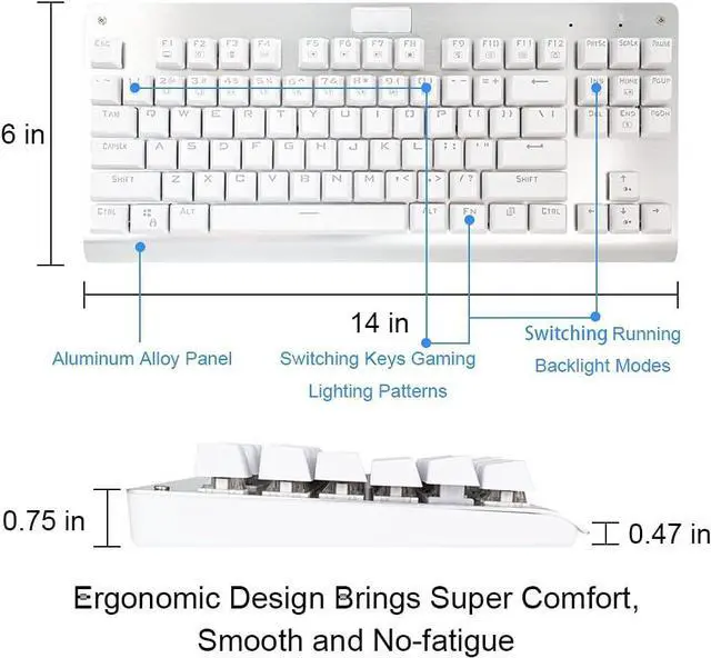 Alt view image 2 of 6 - Compact 87-Key Tenkeyless Backlit Mechanical Keyboard | Tactile Brown Switches | Multi-Color & Multi-Mode Lighting | N-Key Rollover | White