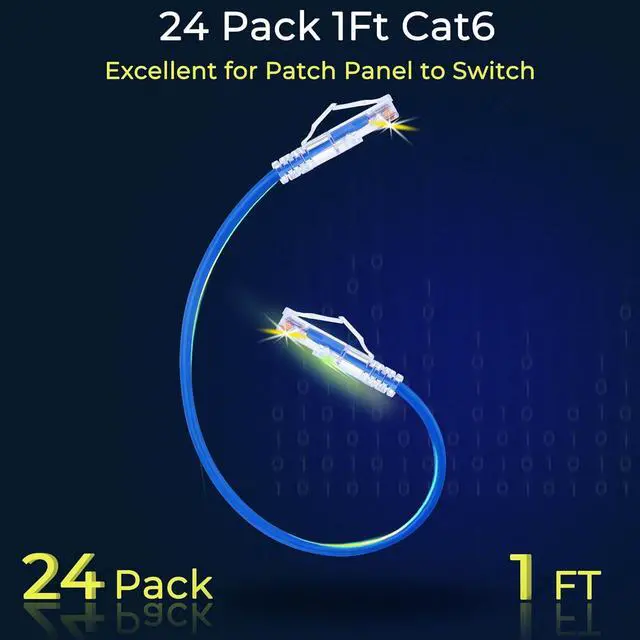 Alt view image 2 of 7 - Patch Cables Cat6/ Cat6a 1ft (24 Pack) Slim, Cat6a Ethernet Patch Cable 10G Support, Snagless Cat 6 Patch Cable for Patch Panel to Switch, Flexiable Cat6 Ethernet Cable Blue