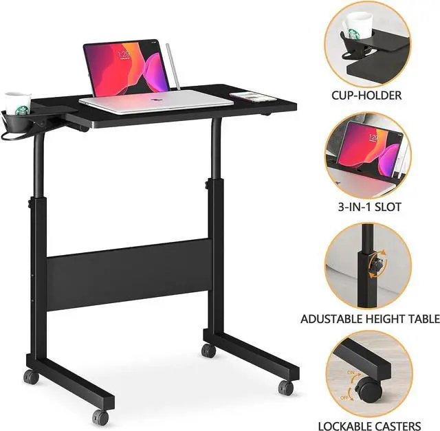 Alt view image 5 of 7 - Standing Desk Adjustable Height, Stand Up Desk with Cup Holder, Portable Laptop Desk, Mobile, Small Computer Desk, Bedside Table, Black Rolling Desk, Work Desk for Home Office