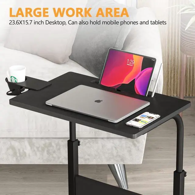 Alt view image 6 of 7 - Standing Desk Adjustable Height, Stand Up Desk with Cup Holder, Portable Laptop Desk, Mobile, Small Computer Desk, Bedside Table, Black Rolling Desk, Work Desk for Home Office