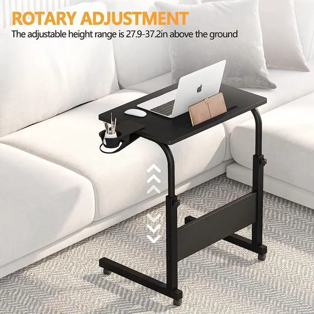 Alt view image 4 of 7 - Standing Desk Adjustable Height, Stand Up Desk with Cup Holder, Portable Laptop Desk, Mobile, Small Computer Desk, Bedside Table, Black Rolling Desk, Work Desk for Home Office