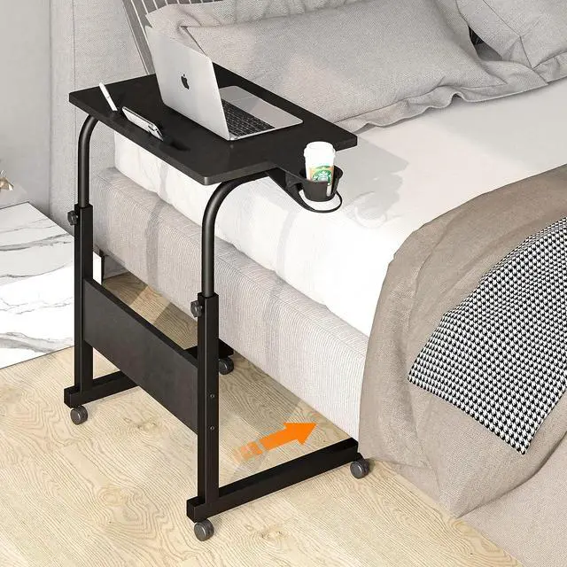 Alt view image 3 of 7 - Standing Desk Adjustable Height, Stand Up Desk with Cup Holder, Portable Laptop Desk, Mobile, Small Computer Desk, Bedside Table, Black Rolling Desk, Work Desk for Home Office