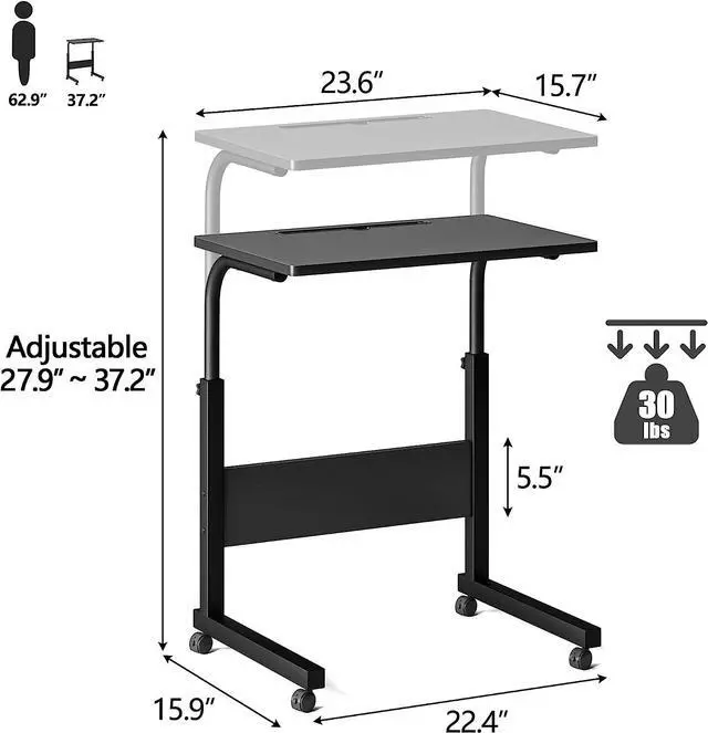 Alt view image 7 of 7 - Standing Desk Adjustable Height, Stand Up Desk with Cup Holder, Portable Laptop Desk, Mobile, Small Computer Desk, Bedside Table, Black Rolling Desk, Work Desk for Home Office