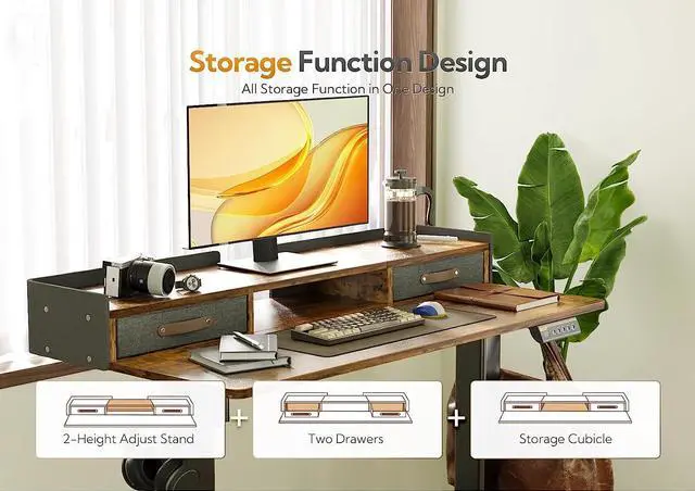 Alt view image 7 of 7 - 48" Standing Desk with Drawers, Stand Up Electric Standing Desk Adjustable Height, Sit Stand Desk with Storage Shelf and Splice Board, 48 Inch, Rustic Brown