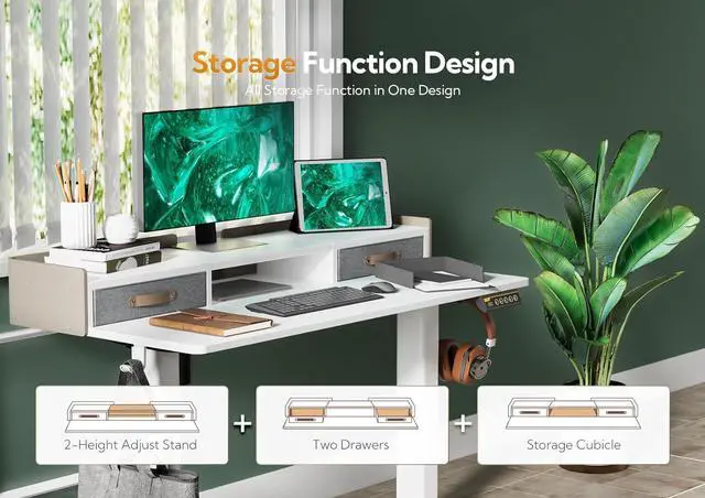 Alt view image 2 of 7 - 48" Standing Desk with Drawers, Stand Up Electric Standing Desk Adjustable Height, Sit Stand Desk with Storage Shelf and Splice Board, 48 Inch, White