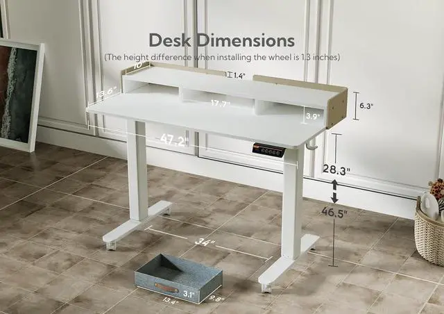 Alt view image 3 of 7 - 48" Standing Desk with Drawers, Stand Up Electric Standing Desk Adjustable Height, Sit Stand Desk with Storage Shelf and Splice Board, 48 Inch, White