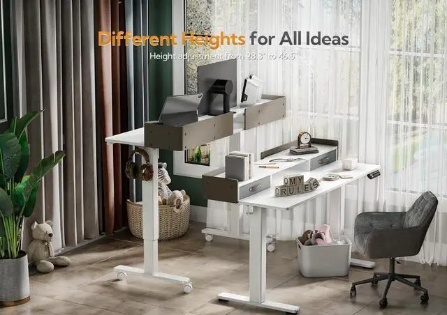 Alt view image 7 of 7 - 48" Standing Desk with Drawers, Stand Up Electric Standing Desk Adjustable Height, Sit Stand Desk with Storage Shelf and Splice Board, 48 Inch, White