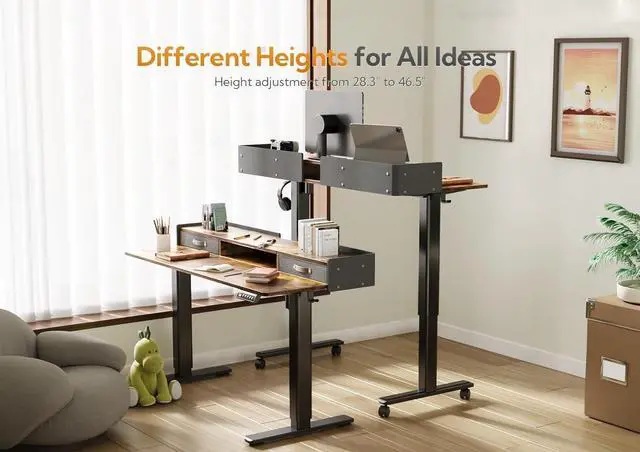 Alt view image 4 of 7 - 55" Standing Desk with Drawers, Stand Up Electric Standing Desk Adjustable Height, Sit Stand Desk with Storage Shelf and Splice Board, 55 Inch, Rustic Brown