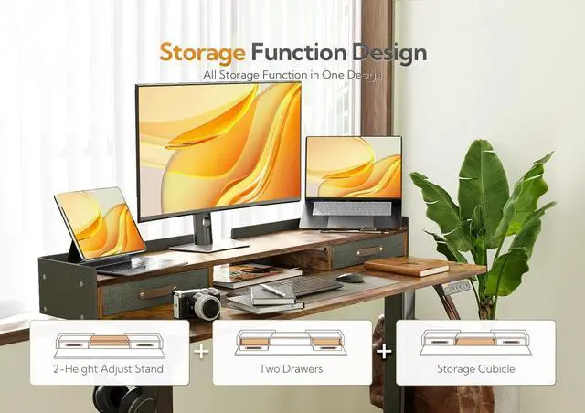 Alt view image 2 of 7 - 55" Standing Desk with Drawers, Stand Up Electric Standing Desk Adjustable Height, Sit Stand Desk with Storage Shelf and Splice Board, 55 Inch, Rustic Brown