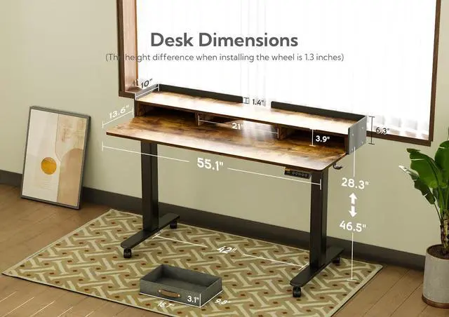Alt view image 3 of 7 - 55" Standing Desk with Drawers, Stand Up Electric Standing Desk Adjustable Height, Sit Stand Desk with Storage Shelf and Splice Board, 55 Inch, Rustic Brown