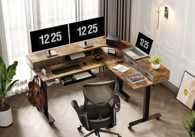 Alt view image 2 of 7 - Triple Motor 63" L Shaped Standing Desk with Drawers, Electric Standing Desk Adjustable Height, Corner Stand up Desk with Splice Board, Black Frame/Rustic Brown Top
