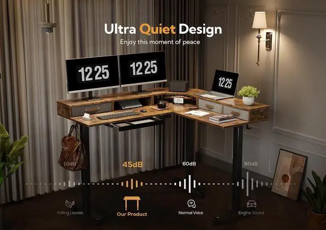 Alt view image 5 of 7 - Triple Motor 63" L Shaped Standing Desk with Drawers, Electric Standing Desk Adjustable Height, Corner Stand up Desk with Splice Board, Black Frame/Rustic Brown Top