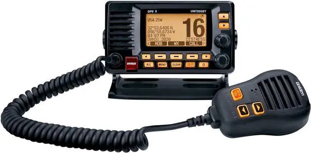 Main image of Uniden UM725GBTBK Marine VHF Radio, All USA, Canada, and Intl. Marine Channels, 1Watt/25Watt Transmit Power, Largest LCD Screen in Class, NOAA Weather Channels, Speaker Mic, Built-in GPS & Bluetooth.