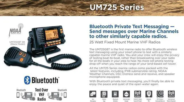 Alt view image 6 of 6 - Uniden UM725GBTBK Marine VHF Radio, All USA, Canada, and Intl. Marine Channels, 1Watt/25Watt Transmit Power, Largest LCD Screen in Class, NOAA Weather Channels, Speaker Mic, Built-in GPS & Bluetooth.