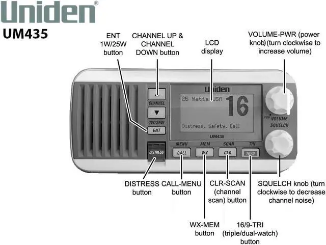 Alt view image 5 of 5 - Uniden Advanced Fixed Mount VHF Marine Radio, All USA/International/Canadian Marine Channels Including New 4-Digit, CDN B Channels, 1 Watt/25 Watt Power, Waterproof IPX8 Submersible, White
