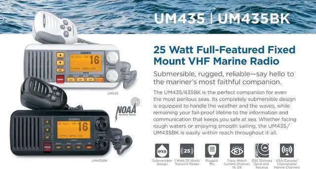 Alt view image 2 of 5 - Uniden Advanced Fixed Mount VHF Marine Radio, All USA/International/Canadian Marine Channels Including New 4-Digit, CDN B Channels, 1 Watt/25 Watt Power, Waterproof IPX8 Submersible, White