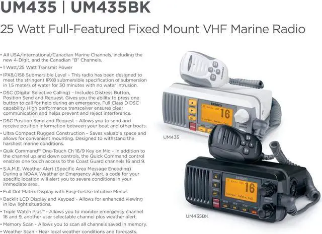 Alt view image 3 of 5 - Uniden Advanced Fixed Mount VHF Marine Radio, All USA/International/Canadian Marine Channels Including New 4-Digit, CDN B Channels, 1 Watt/25 Watt Power, Waterproof IPX8 Submersible, White