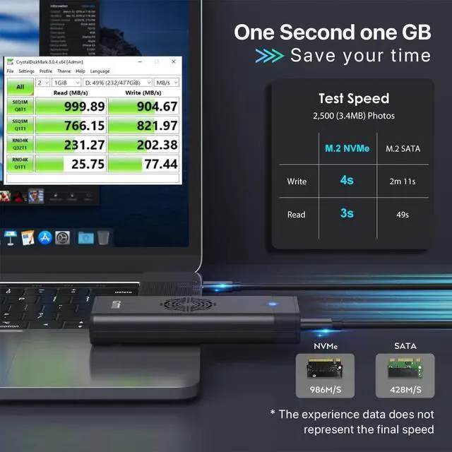Alt view image 4 of 7 - M.2 NVME SSD Enclosure with Cooling Fan, 10 Gbps USB C 3.2 Gen 2 PCIE NVME Adapter, 6Gbps SATA, M.2 Reader with Aluminum Case Support UASP Trim for PCIe M-Key(B+M Key) SSD 2242/2260/2280