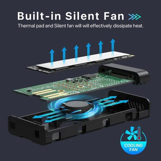 Alt view image 2 of 7 - M.2 NVME SSD Enclosure with Cooling Fan, 10 Gbps USB C 3.2 Gen 2 PCIE NVME Adapter, 6Gbps SATA, M.2 Reader with Aluminum Case Support UASP Trim for PCIe M-Key(B+M Key) SSD 2242/2260/2280
