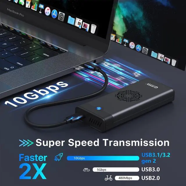 Alt view image 3 of 7 - M.2 NVME SSD Enclosure with Cooling Fan, 10 Gbps USB C 3.2 Gen 2 PCIE NVME Adapter, 6Gbps SATA, M.2 Reader with Aluminum Case Support UASP Trim for PCIe M-Key(B+M Key) SSD 2242/2260/2280