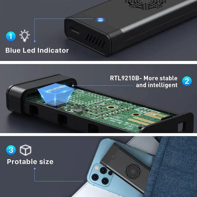 Alt view image 6 of 7 - M.2 NVME SSD Enclosure with Cooling Fan, 10 Gbps USB C 3.2 Gen 2 PCIE NVME Adapter, 6Gbps SATA, M.2 Reader with Aluminum Case Support UASP Trim for PCIe M-Key(B+M Key) SSD 2242/2260/2280