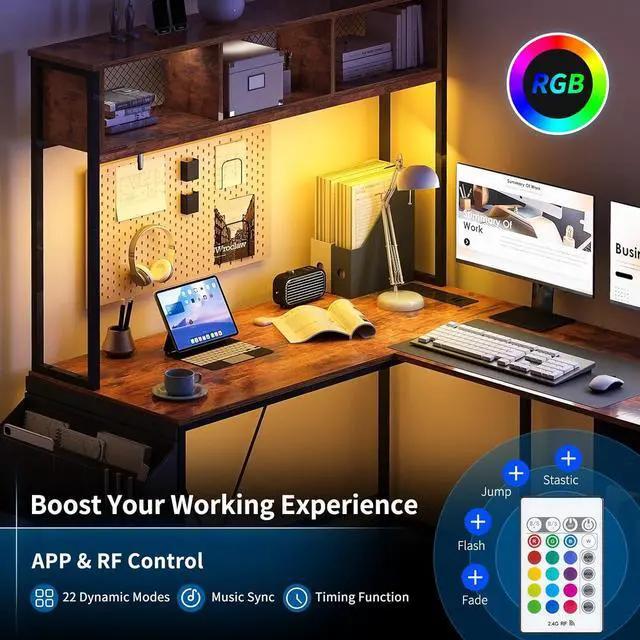 Alt view image 3 of 7 - 55.1" L Shaped Desk with LED Strip & Power Outlet, Reversible L-Shaped Computer Desk, Corner Desks Home Office Desk with Drawer, Gaming Desk