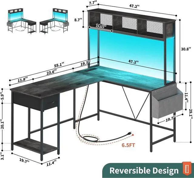 Alt view image 7 of 7 - 55.1" L Shaped Desk with LED Strip & Power Outlet, Reversible L-Shaped Computer Desk, Corner Desks Home Office Desk with Drawer, Gaming Desk - Grey