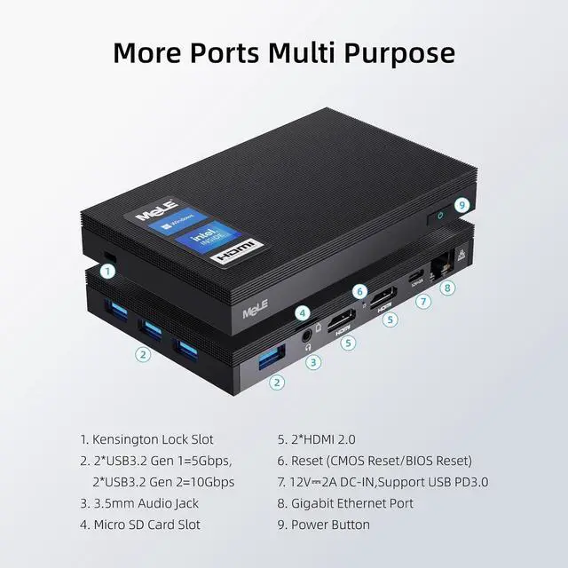Alt view image 3 of 7 - Fanless Mini PC Quieter3Q 11th Gen N5105 8GB 128GB Windows 11 Pro Micro Computer WiFi 6 Small Desktop Service with USB-C PD, Gigabit Ethernet, Dual HDMI 4K, Auto Power on, PXE Support M.2 SSD