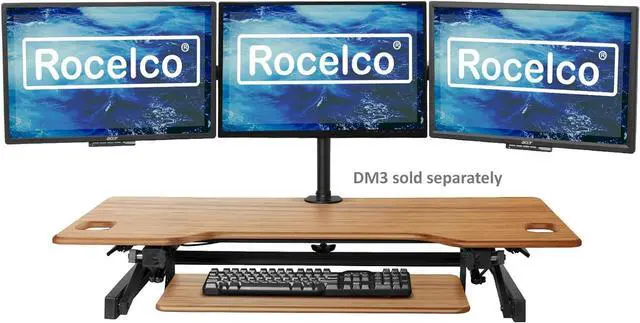 Alt view image 4 of 5 - 46" Standing Desk Converter Large - Height Adjustable Sit Standup Triple Monitor Riser - Gas Spring Computer Workstation, Retractable Keyboard Tray - Teak Wood Grain