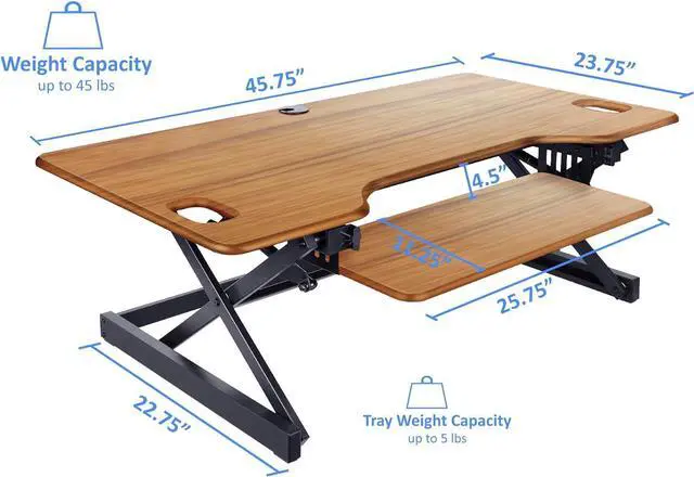 Alt view image 3 of 5 - 46" Standing Desk Converter Large - Height Adjustable Sit Standup Triple Monitor Riser - Gas Spring Computer Workstation, Retractable Keyboard Tray - Teak Wood Grain
