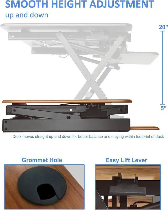 Alt view image 2 of 5 - 46" Standing Desk Converter Large - Height Adjustable Sit Standup Triple Monitor Riser - Gas Spring Computer Workstation, Retractable Keyboard Tray - Teak Wood Grain