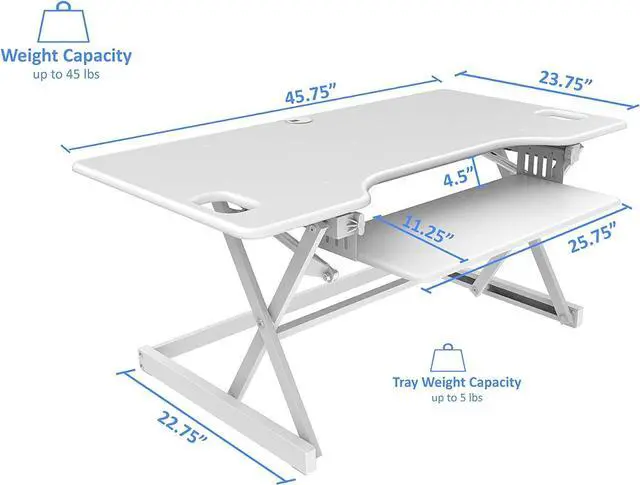 Alt view image 3 of 5 - 46" Standing Desk Converter Large - Height Adjustable Sit Standup Triple Monitor Riser - Gas Spring Computer Workstation, Retractable Keyboard Tray - White