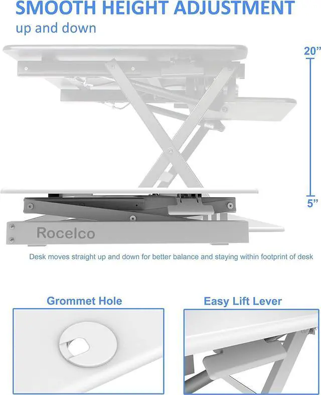 Alt view image 2 of 5 - 46" Standing Desk Converter Large - Height Adjustable Sit Standup Triple Monitor Riser - Gas Spring Computer Workstation, Retractable Keyboard Tray - White